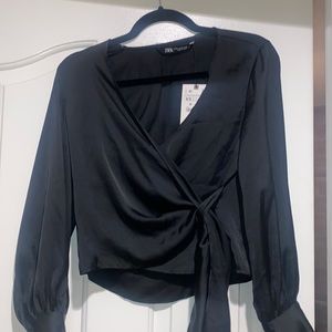 Satin black wrap top